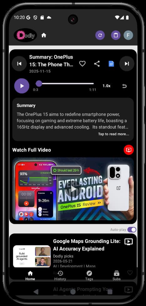 Dodly app home screen with audio summaries